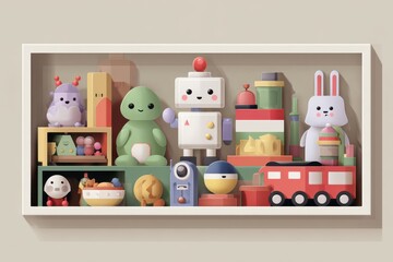 Obraz premium Toys on a shelf. Cute robot looks on. Colorful toys stacked. Good for kids' content