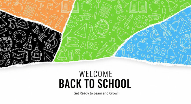 Vibrant education themed background with hand-drawn school elements and text welcome back
