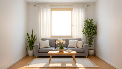 Fototapeta premium Bright Minimalist Living Room: Gray Sofa, Natural Light, Plants, and Neutral Decor.