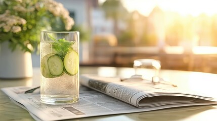 Cucumber and Mint Detox Water in Sunbeam, Revitalizing Composition for Nutrition App Interfaces.