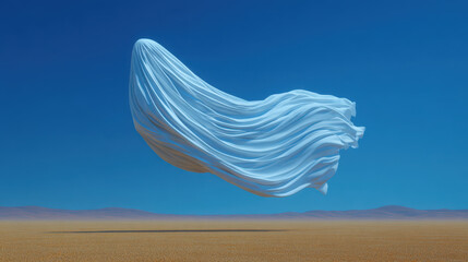 Mysterious white ghost floating in clear blue sky over desolate desert. spooky minimalist halloween concept with ethereal fabric