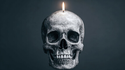 Fototapeta premium Scary human skull with burning candle flame on dark background. This spooky and minimalist halloween decoration creates an ominous mood