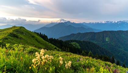 A sweeping vista of a lush green mountain slope, dotted with wildflowers, ascends to a backdrop of layered mountain ranges, bathed in the soft light of a serene sunset.