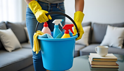 Person holding a blue bucket filled with cleaning supplies in a living room.