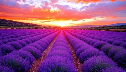 Fototapeta premium Lavender Field at Sunset Landscape, Beautiful Purple Flowers, Dramatic Sky, Scenic View