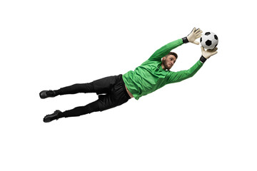 Goalkeeper dives to catch a soccer ball, displaying agility and focus in a dynamic sports action shot, capturing the intensity of a football match