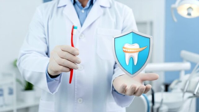 A dentist in white coat holding a red toothbrush and tooth shield in a dental office setting