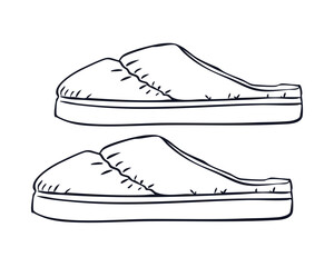 Home slippers. Simple line art illustration of a pair of comfortable slippers, perfect for home-related designs, relaxation concepts, or sleepwear graphics. Vector illustration	