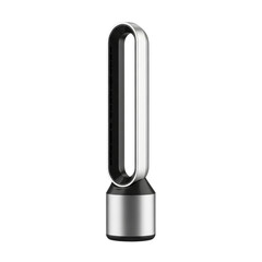 Modern silver bladeless tower fan with sleek design isolated on transparent background