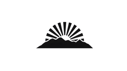 Flat black icon of sun rising over mountain, isolated on white