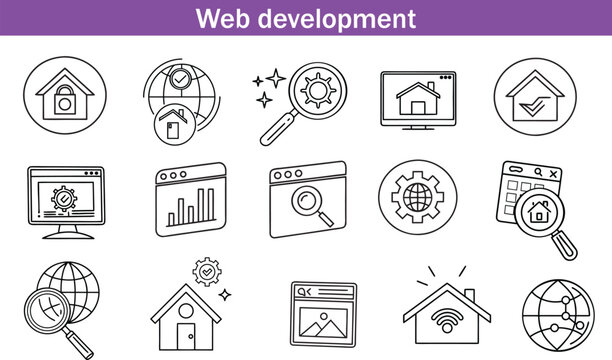 Web development set of web icons in line style. Developer icons for web and mobile app. Code, api, programmer coding, app, flow, node connect, web coder, bug fix and more. Vector illustratio