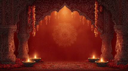 An ornate, traditional Indian interior with candles creates a warm, festive atmosphere.