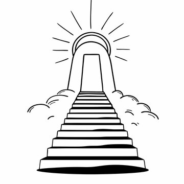 A black and white drawing of stairs leading to a doorway with a sun above it surrounded by clouds "png"