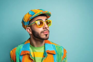 Man with yellow sunglasses, colorful hat and jacket looks up and to the right against teal background.