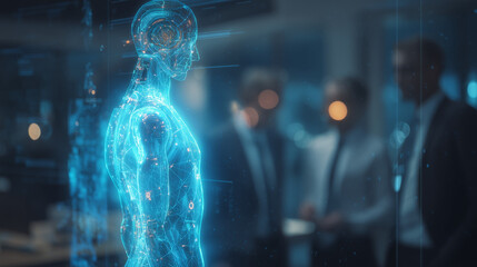 An AI hologram agent representing autonomy and teamwork, standing beside humans in a modern office, symbolizing collaboration between artificial intelligence and human workforce