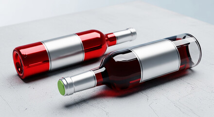 Elegant Red Glass Bottle with Silver Label on Textured Gray Surface