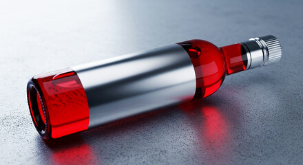 Elegant Red Glass Bottle with Silver Label on Textured Gray Surface