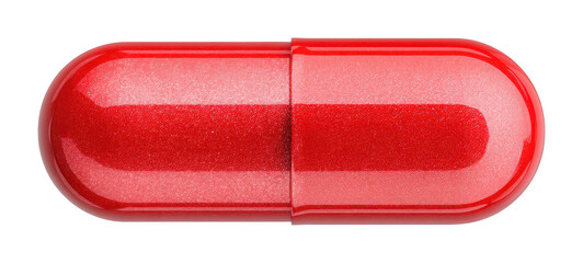 Red capsule medicine pharmacy product clinical top view isolated on transparent background, png