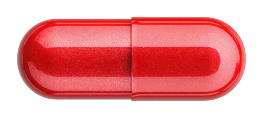 Red capsule medicine pharmacy product clinical top view isolated on transparent background, png