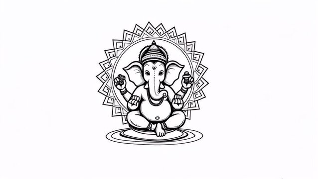 Thick black line doodle of Lord Ganesha sitting cross-legged, holding modak and lotus, with decorative mandala elements around, no fill color.
