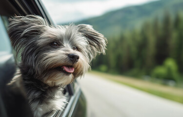 A grey dog with a collar is hanging out of the window,