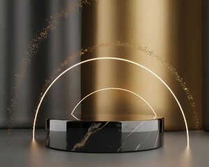 Luxury podium with abstract geometric shapes and flowing curtains — a modern stage for elegant product display and premium brand presentation