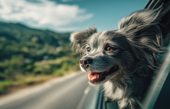 A grey dog with a collar is hanging out of the window, - Powered by Adobe
