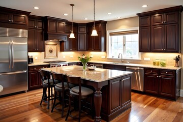 Fototapeta premium Dark wooden cabinets, island, stainless steel appliances, bright natural light, warm ambiance.