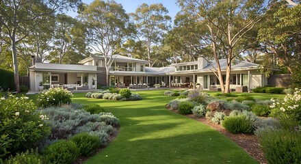 Fototapeta premium Expansive modern residence surrounded by lush gardens in Australia Modern Luxury Real Estate