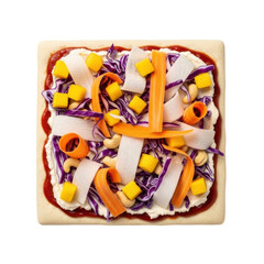 Square unbaked vegan pizza with thick dough, creamy cashew cheese, BBQ sauce, purple cabbage, daikon, carrot ribbons, mango, on transparent background with copy space, modern plant-based culinary