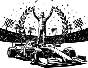 A Formula One race car driver celebrates victory on the podium after winning the race.