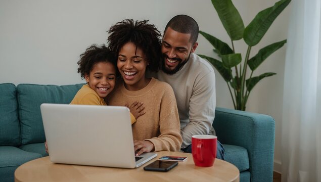 Happy African American family using laptop together at home smiling and laughing
