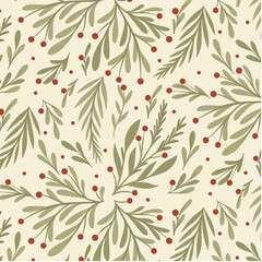 Seamless Christmas Foliage Pattern with Red Berries and Winter Evergreen Branches on Cream Background