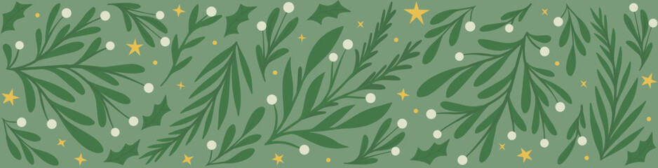 Seamless Christmas Border Pattern with Pine Branches, Holly, Mistletoe Berries, and Golden Stars for Festive Wrapping and Winter Textiles