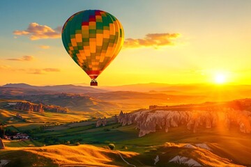 Obraz premium Spectacular Cappadocia: Hot Air Balloon Soaring over Majestic Landscape at Sunrise