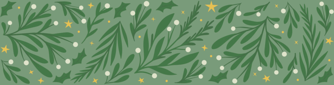 Seamless Christmas Border Pattern with Pine Branches, Holly, Mistletoe Berries, and Golden Stars for Festive Wrapping and Winter Textiles