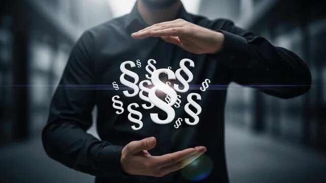 Man in black shirt holding paragraph symbols between his hands in a blurred background setting scene