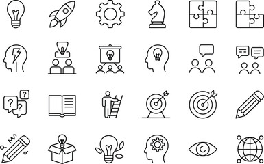 Business strategy icons set, flat vector illustration, creative idea symbols, leadership concept, innovation process, teamwork communication, success target icons