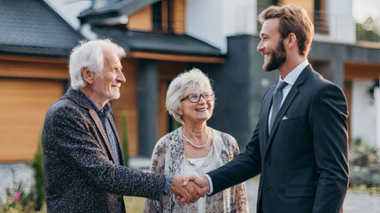 Luxury Real Estate Agent Shaking Hands with Happy Elderly Couple in Front of Modern Home at Golden Hour &ndash; Cinematic Style