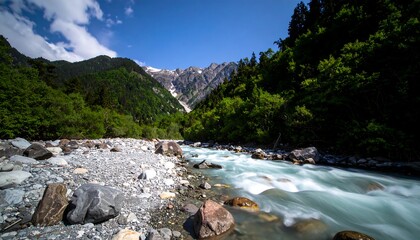Mountain stream flowing through valley