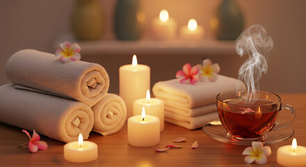 Spa and Relaxation: Massage Table with Candles, Towels, and Herbal Tea in a Tranquil Atmosphere.