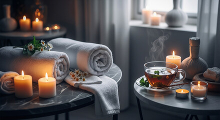 Spa and Relaxation: Massage Table with Candles, Towels, and Herbal Tea in a Tranquil Atmosphere.