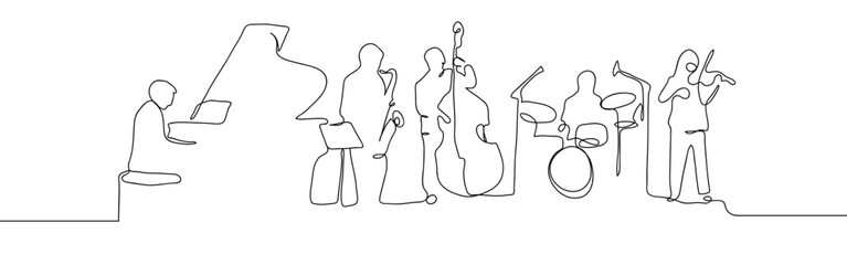 Continuous line of classical music band, jazz band, orchestra. Vector art line on transparent background. Editable stroke.