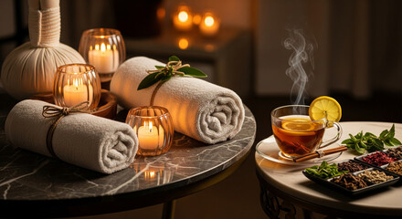 Spa and Relaxation: Massage Table with Candles, Towels, and Herbal Tea in a Tranquil Atmosphere.