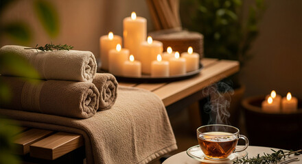 Spa and Relaxation: Massage Table with Candles, Towels, and Herbal Tea in a Tranquil Atmosphere.