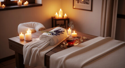 Spa and Relaxation: Massage Table with Candles, Towels, and Herbal Tea in a Tranquil Atmosphere.