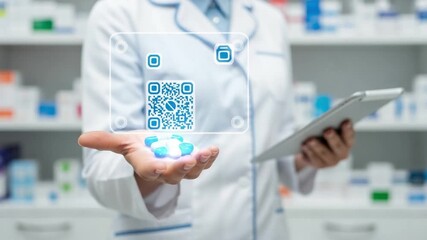 Pharmacist holding pills with qr code overlay and tablet in pharmacy showing modern medicine concept - Powered by Adobe