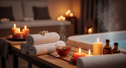 Spa and Relaxation: Massage Table with Candles, Towels, and Herbal Tea in a Tranquil Atmosphere.