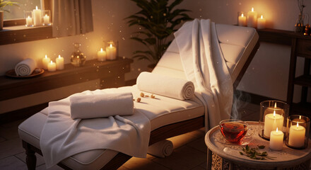 Spa and Relaxation: Massage Table with Candles, Towels, and Herbal Tea in a Tranquil Atmosphere.