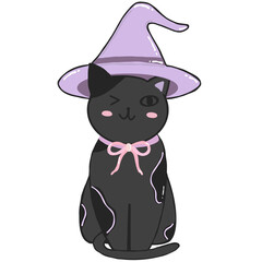 Black cat with witch hat kawaii Halloween season hand drawn illustrations 